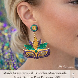 Mardi Gras Carnival Tri-color Masquerade Mask Dangle Post Earrings NWT